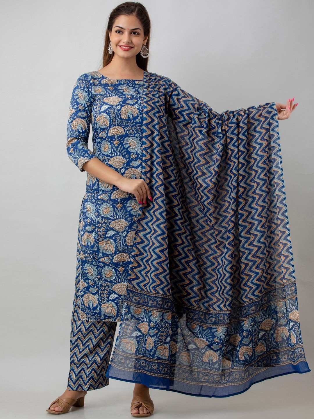 Country Style Floral Printed Pure Cotton Straight Kurta With Trousers & Dupatta, Blue
Country Style Floral Printed Pure Cotton Straight Kurta With Trousers & Dupatta, Blue