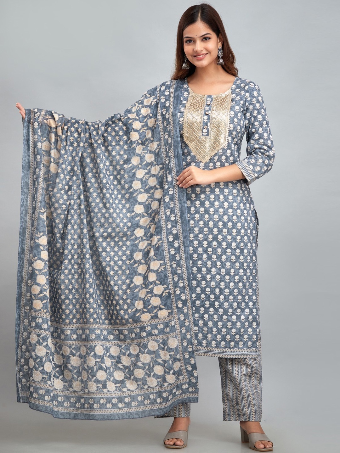Country Style Ethnic Motifs Printed Pure Cotton Straight Kurta With Trousers & Dupatta, Grey
Country Style Ethnic Motifs Printed Pure Cotton Straight Kurta With Trousers & Dupatta, Grey