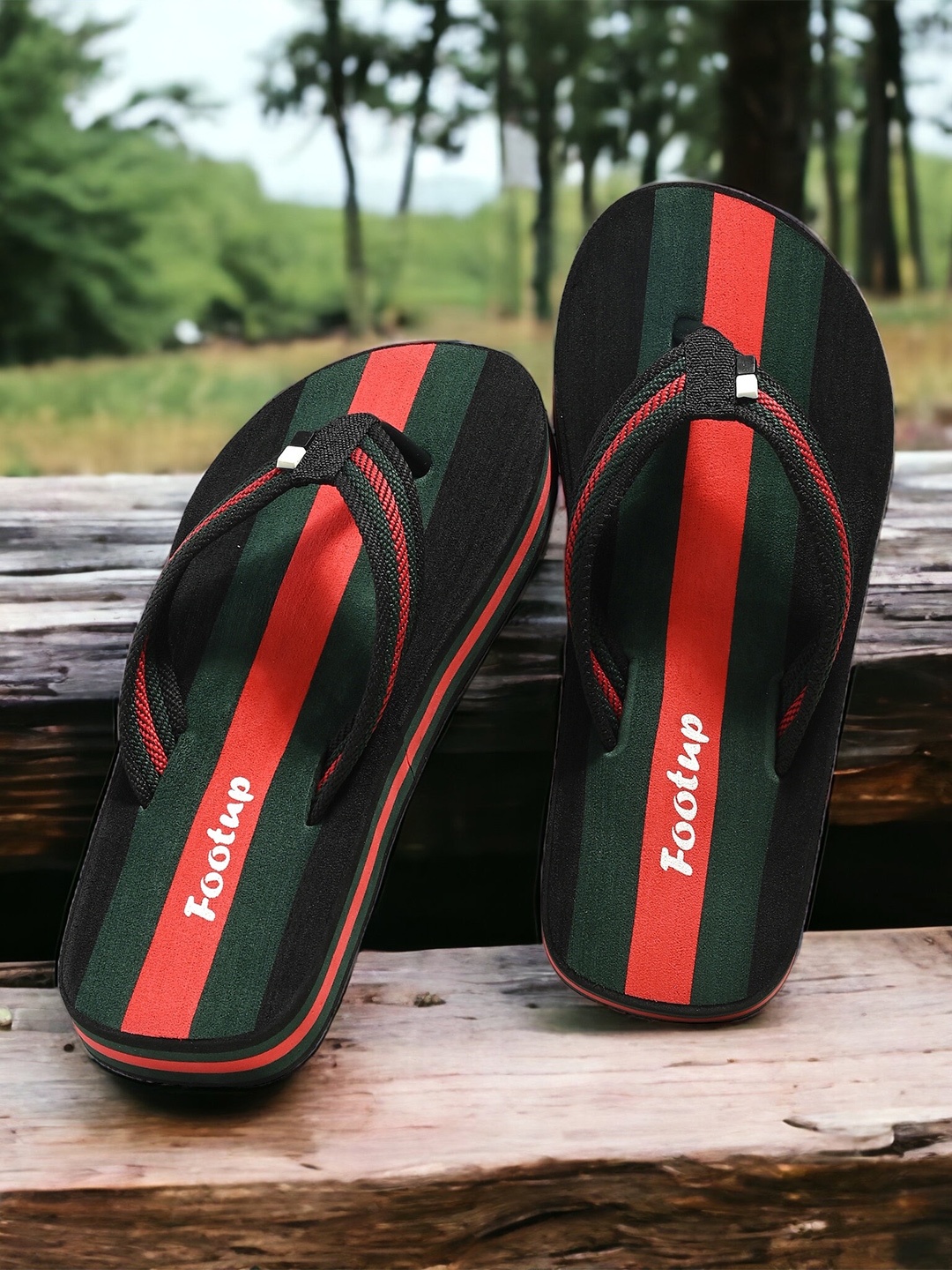 FOOTUP Men Striped Thong Flip-Flops, Black