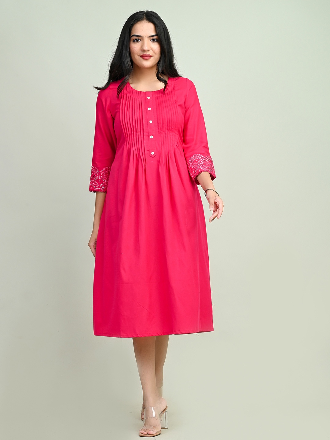 Miramaar Pleated Pure Cotton A-Line Ethnic Dress, Pink
