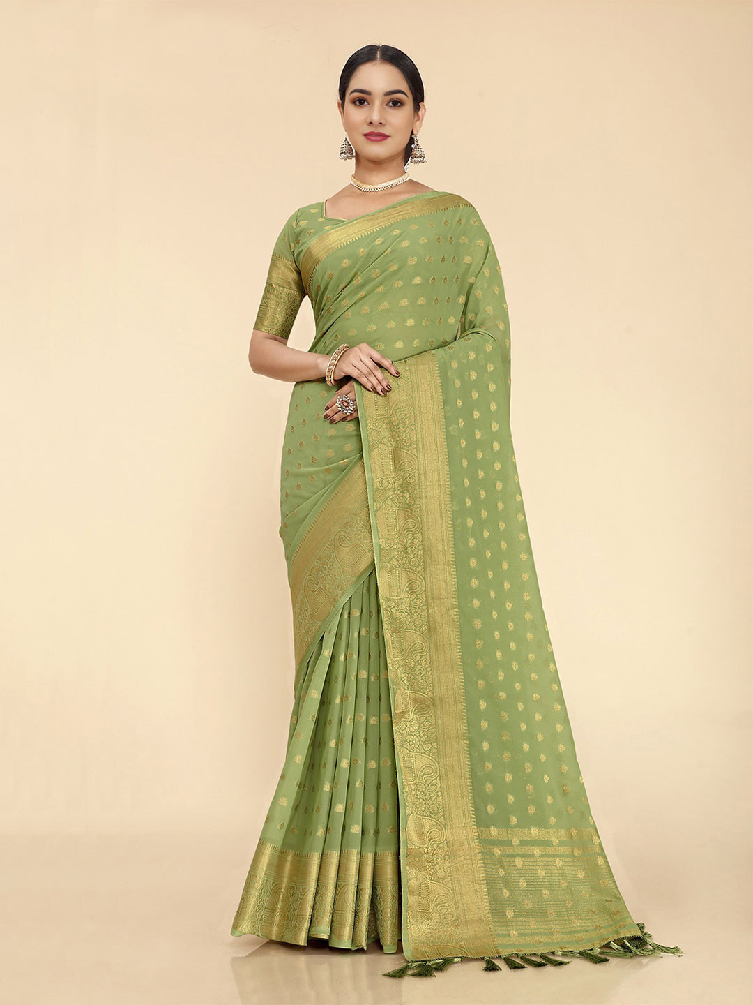 V3 FASHION STUDIO Green & Gold-Toned Ethnic Motifs Zari Pure Georgette Banarasi Saree
V3 FASHION STUDIO Green & Gold-Toned Ethnic Motifs Zari Pure Georgette Banarasi Saree