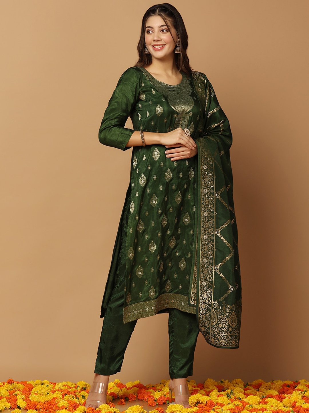 FASHION DREAM Ethnic Motif Woven Design Jacquard Kurta With Trousers & Dupatta, Green
FASHION DREAM Ethnic Motif Woven Design Jacquard Kurta With Trousers & Dupatta, Green