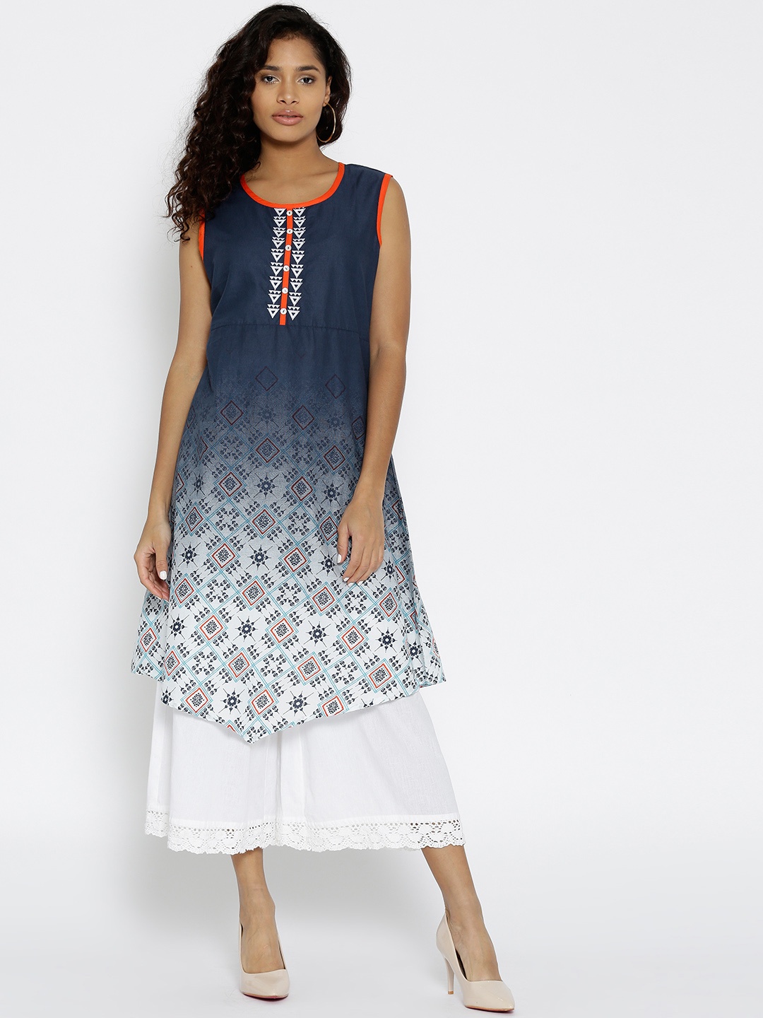 Karigari Women Blue Printed A-Line Kurta