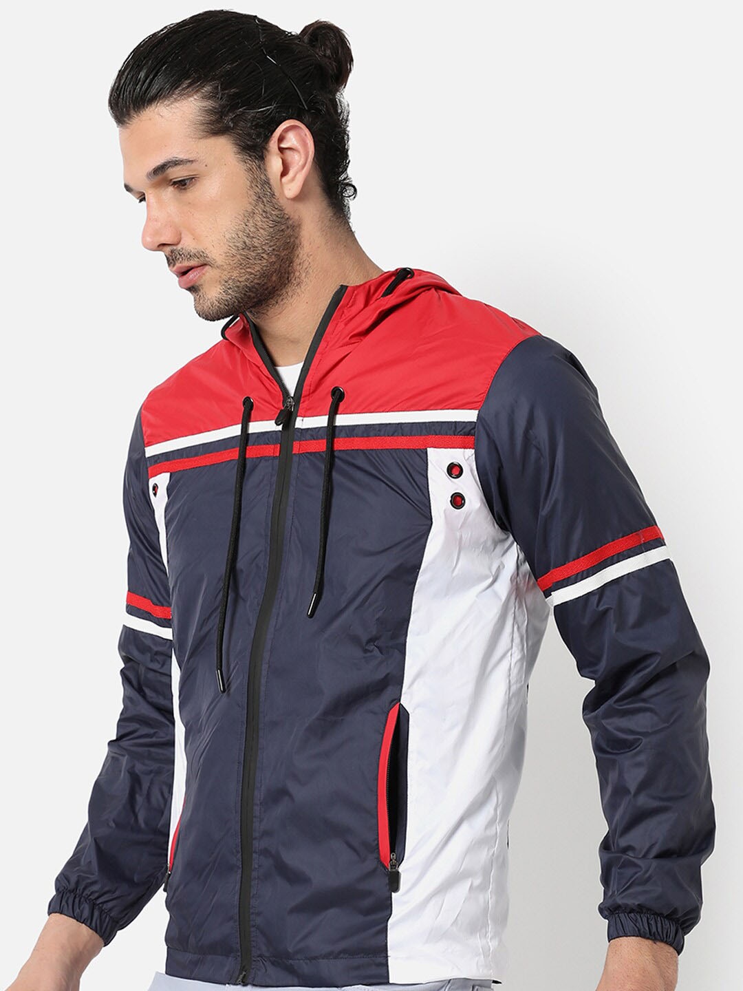 Campus Sutra Colourblocked Windcheater Hooded Sporty Jacket, White