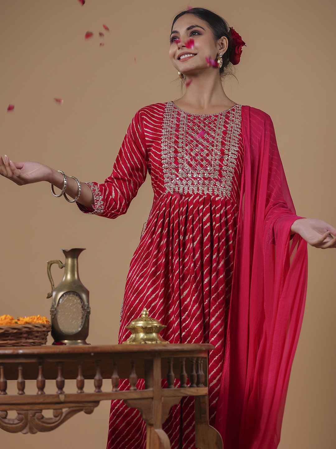 Indo Era Women Floral Embroidered Pleated Mirror Work Kurta with Trousers & With Dupatta, Pink
Indo Era Women Floral Embroidered Pleated Mirror Work Kurta with Trousers & With Dupatta, Pink
