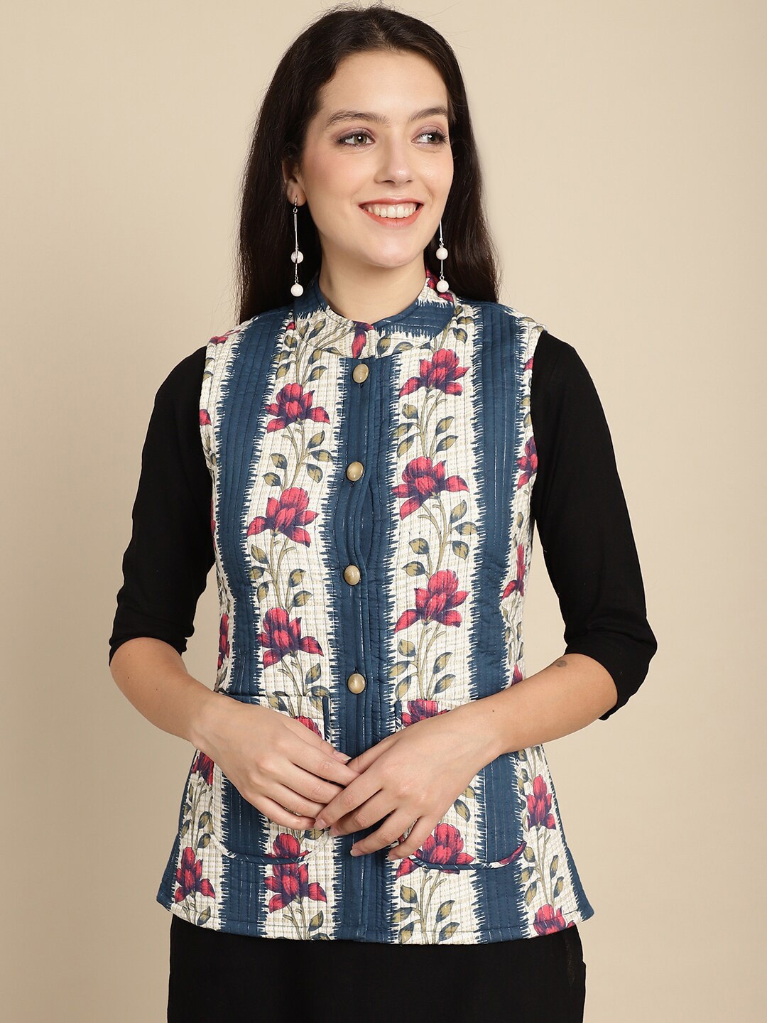 Assamica Floral Printed Lightweight Cotton Tailored Jacket, Blue