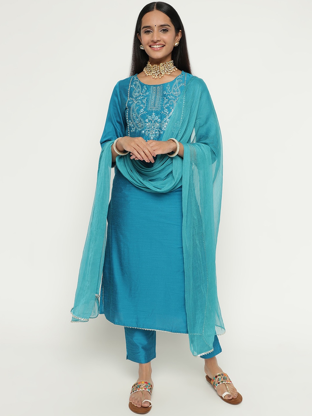 aayusika Floral Yoke Design Gotta Patti Art Silk Straight Kurta With Trousers & Dupatta, Turquoise blue
aayusika Floral Yoke Design Gotta Patti Art Silk Straight Kurta With Trousers & Dupatta, Turquoise blue