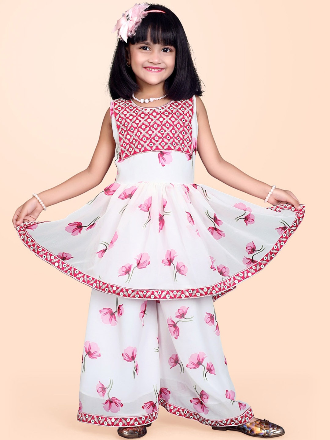 BAESD Girls Floral Printed Mirror Work Pleated Georgette A-Line Kurta With Palazzos, Pink
BAESD Girls Floral Printed Mirror Work Pleated Georgette A-Line Kurta With Palazzos, Pink