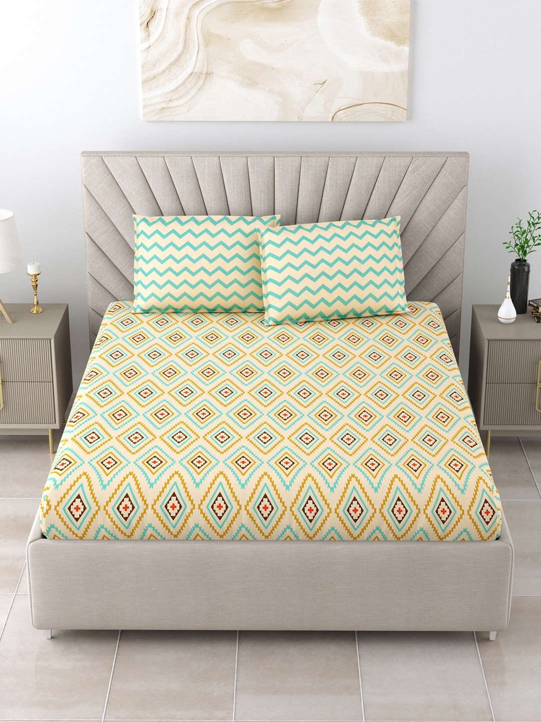 Salona Bichona Blue & Beige Printed Cotton 120 TC King Bedsheet with 2 Pillow Covers
Salona Bichona Blue & Beige Printed Cotton 120 TC King Bedsheet with 2 Pillow Covers