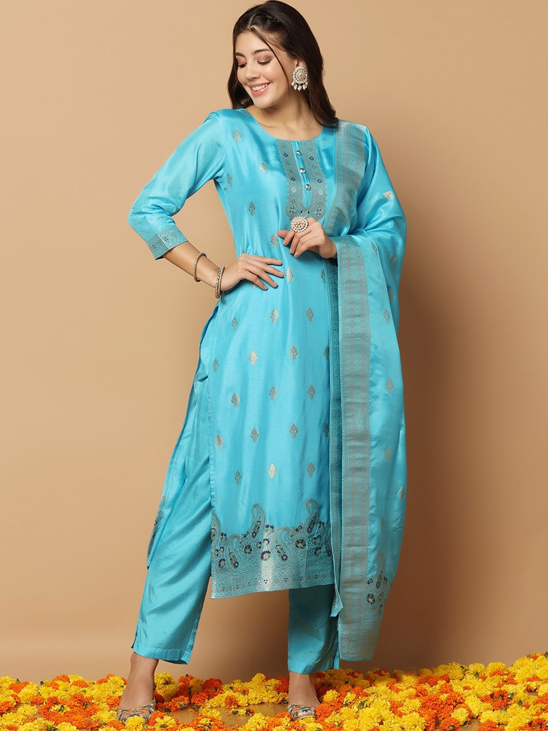 FASHION DREAM Ethnic Motifs Woven Design Regular Kurta with Trousers & With Dupatta, Blue
FASHION DREAM Ethnic Motifs Woven Design Regular Kurta with Trousers & With Dupatta, Blue