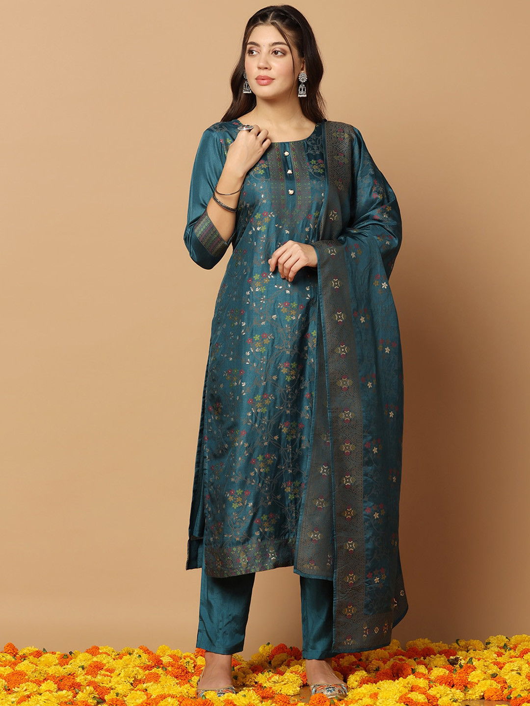 FASHION DREAM Floral Woven Design Regular Straight Kurta & Trousers With Dupatta, Teal
FASHION DREAM Floral Woven Design Regular Straight Kurta & Trousers With Dupatta, Teal