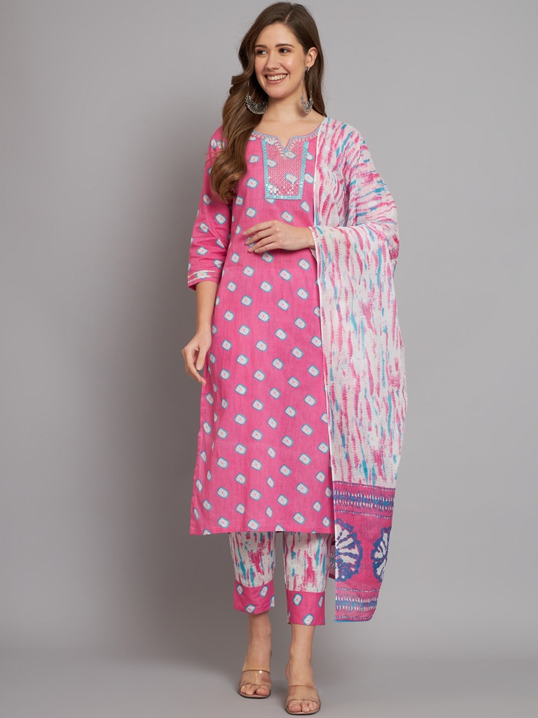 Miramaar Bandhani Printed Sequinned Pure Cotton Straight Kurta With Trousers & Dupatta, Pink
Miramaar Bandhani Printed Sequinned Pure Cotton Straight Kurta With Trousers & Dupatta, Pink