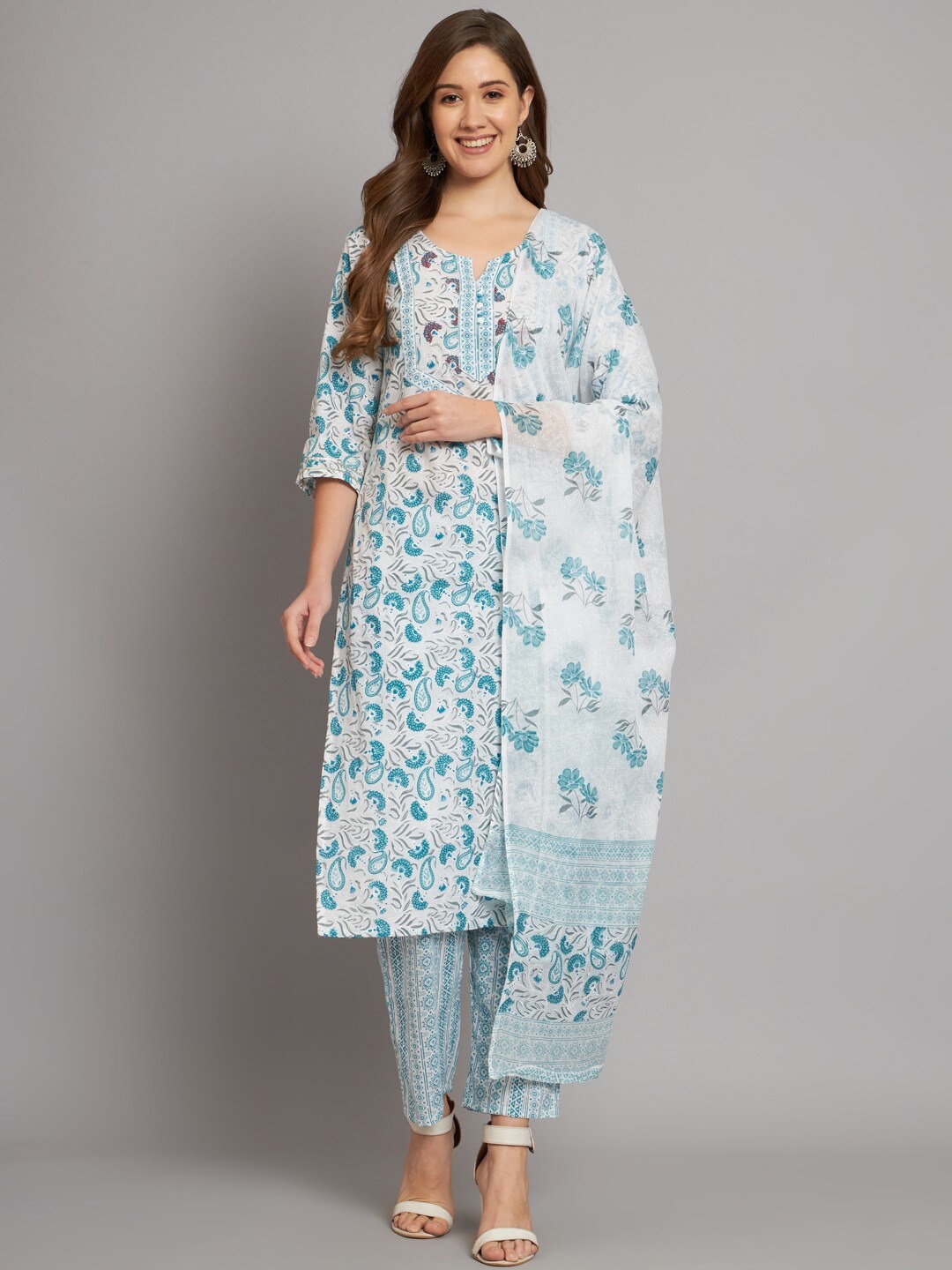 Miramaar Floral Printed Pure Cotton Thread Work Kurta With Trousers & Dupatta, White
Miramaar Floral Printed Pure Cotton Thread Work Kurta With Trousers & Dupatta, White