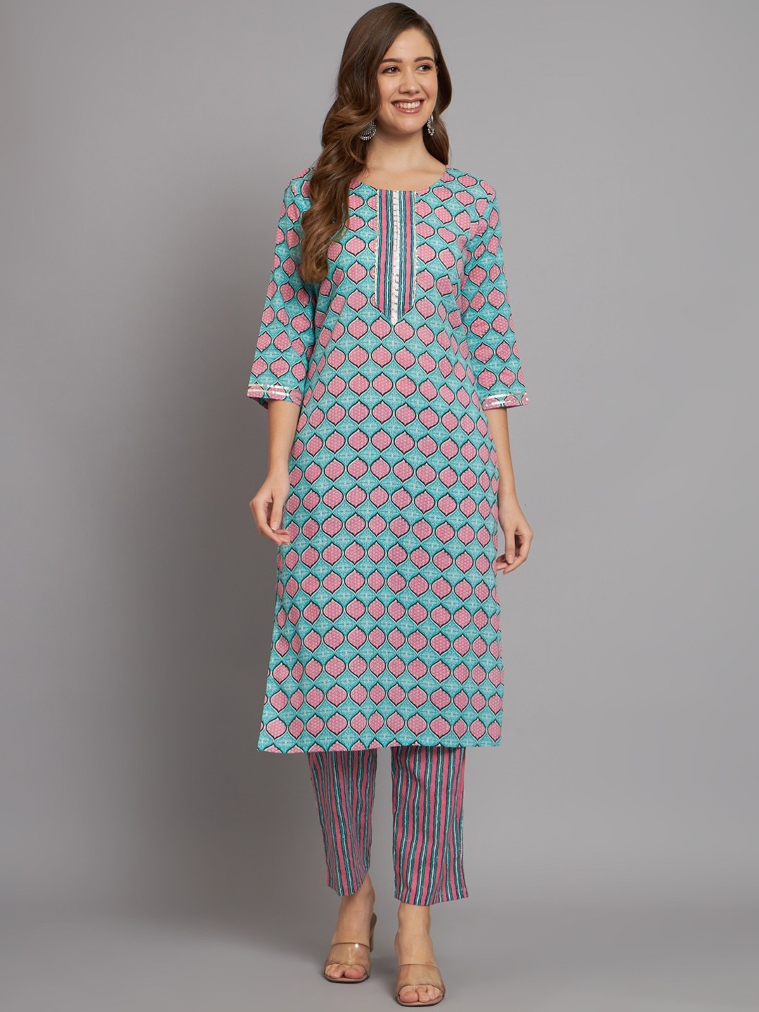 Miramaar Ethnic Motifs Printed Regular Gotta Patti Pure Cotton Kurta with Trousers, Blue