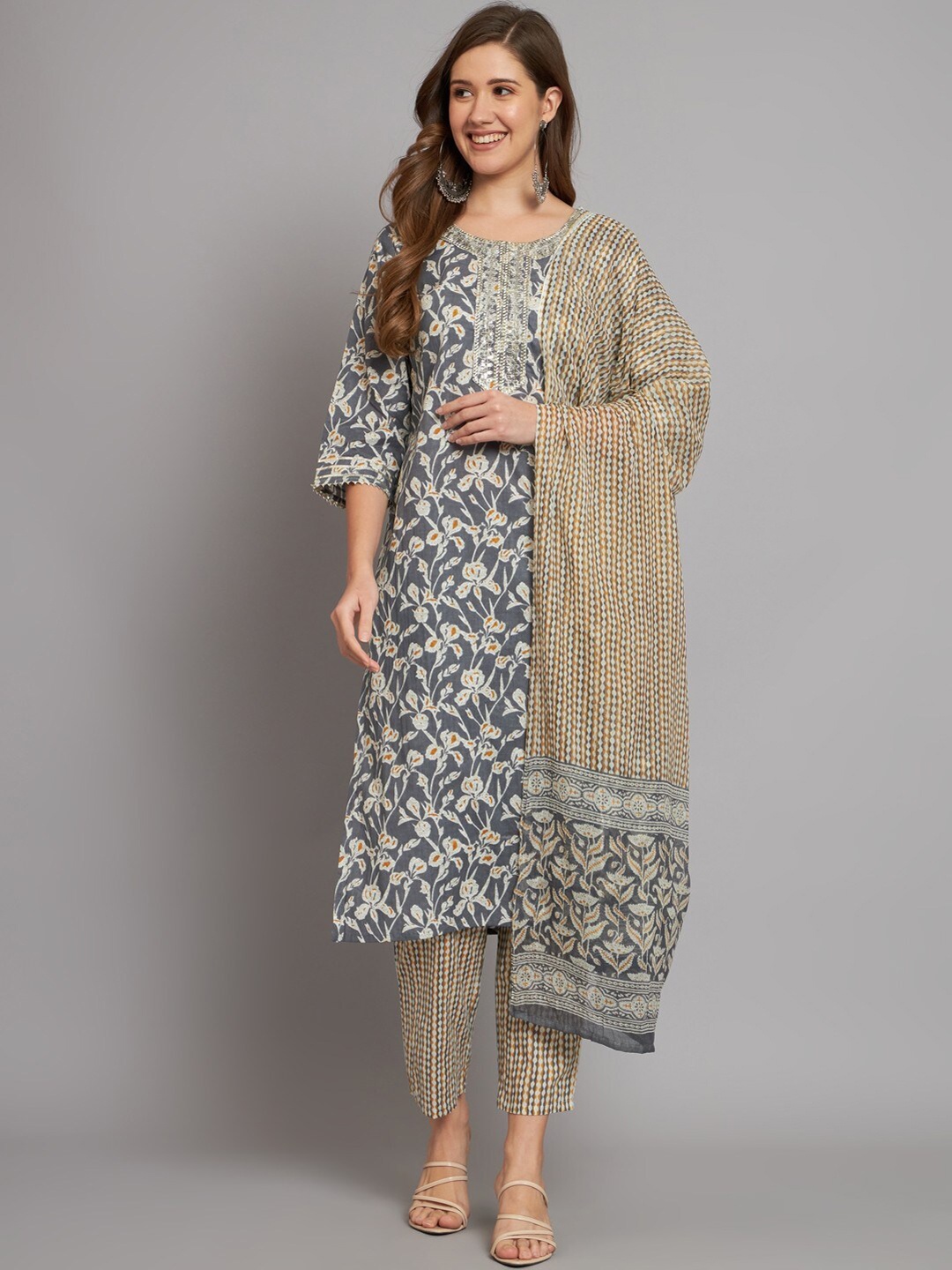 Miramaar Floral Printed Sequinned Pure Cotton Kurta with Trousers & With Dupatta, Grey
Miramaar Floral Printed Sequinned Pure Cotton Kurta with Trousers & With Dupatta, Grey