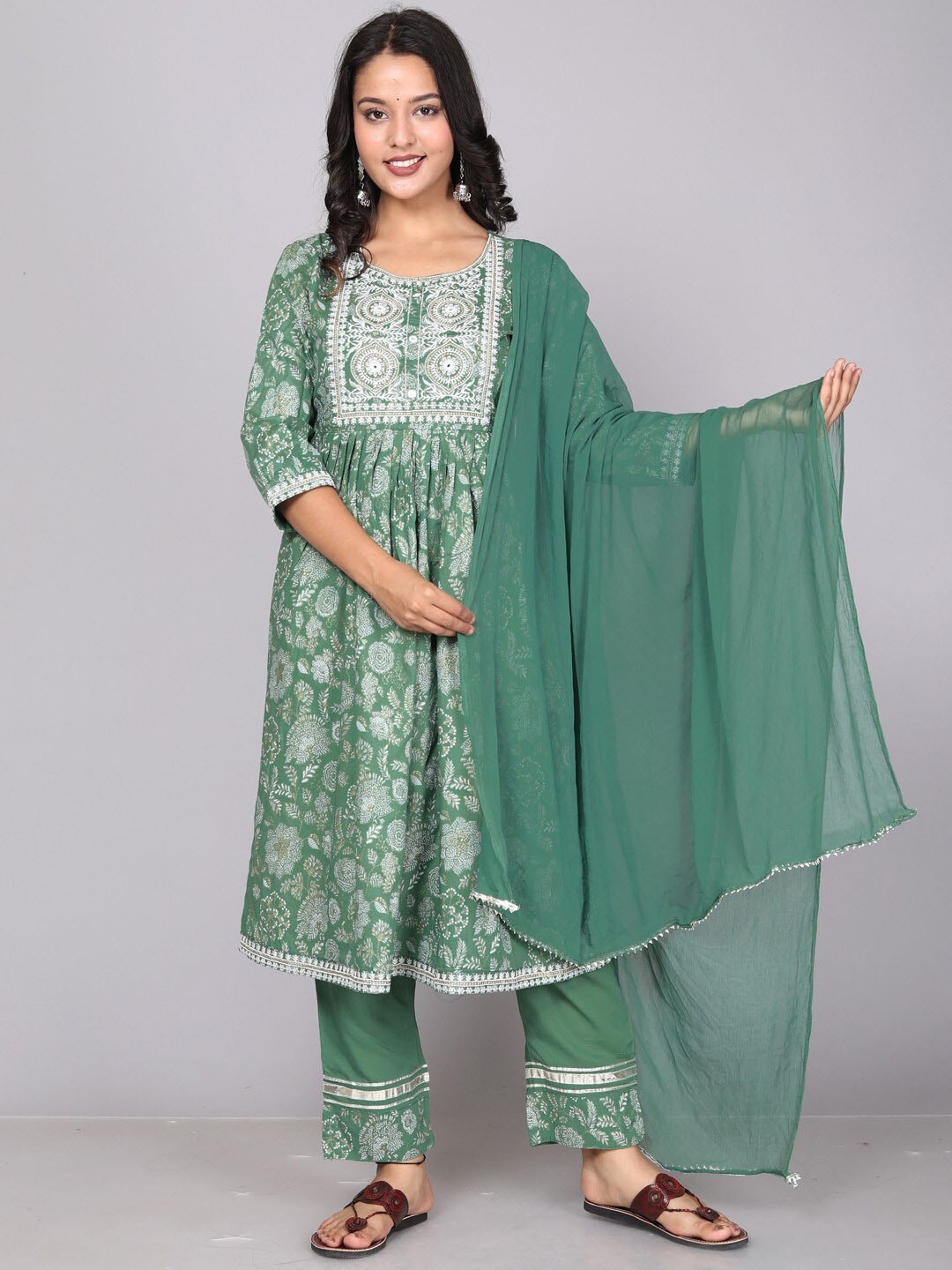 Miramaar Floral Printed Empire Thread Work Pure Cotton Kurta With Trousers & Dupatta, Green
Miramaar Floral Printed Empire Thread Work Pure Cotton Kurta With Trousers & Dupatta, Green