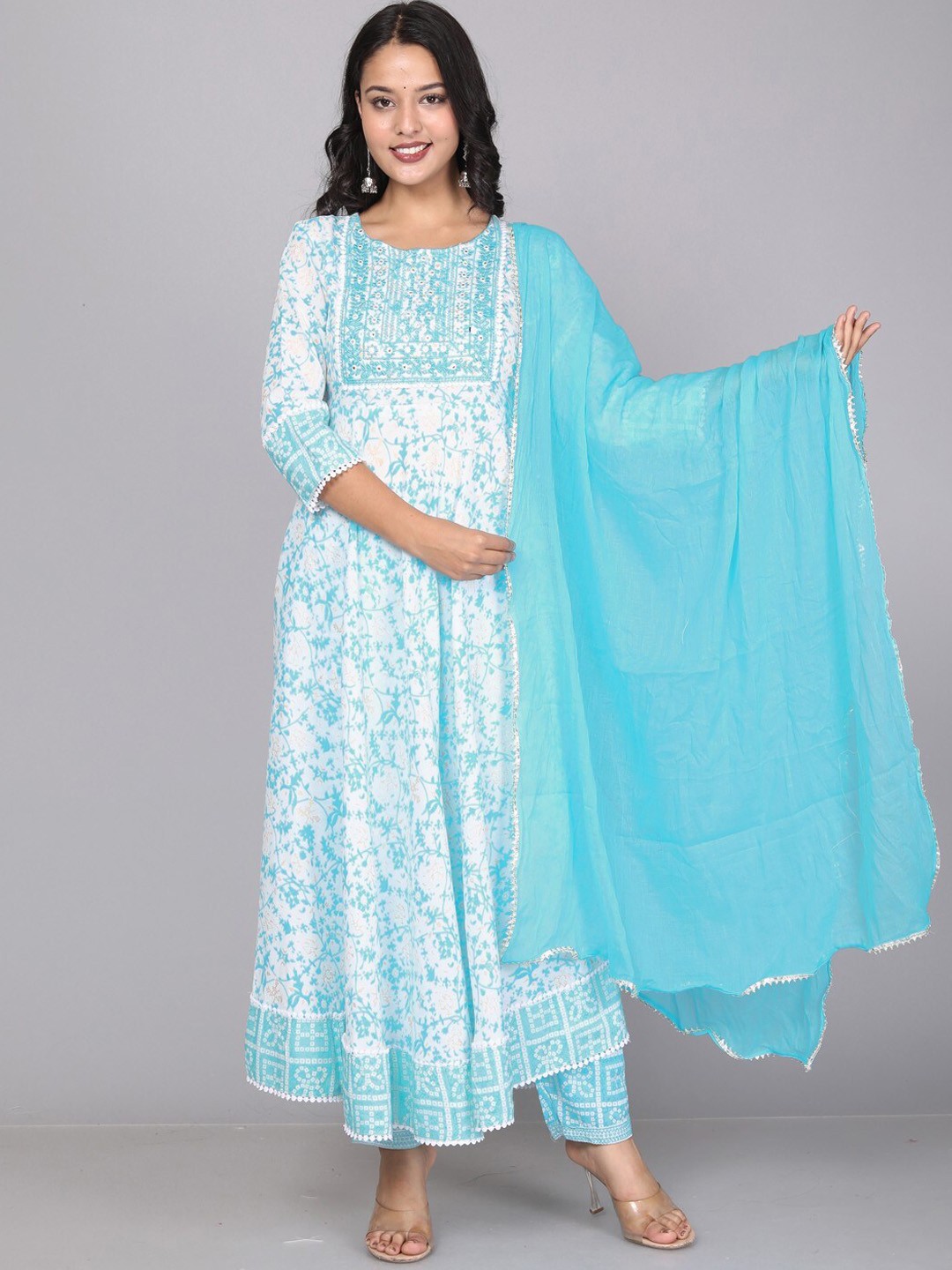 Miramaar Floral Printed Round Neck Mirror Work Anarkali Kurta With Trousers & Dupatta, Turquoise blue
Miramaar Floral Printed Round Neck Mirror Work Anarkali Kurta With Trousers & Dupatta, Turquoise blue