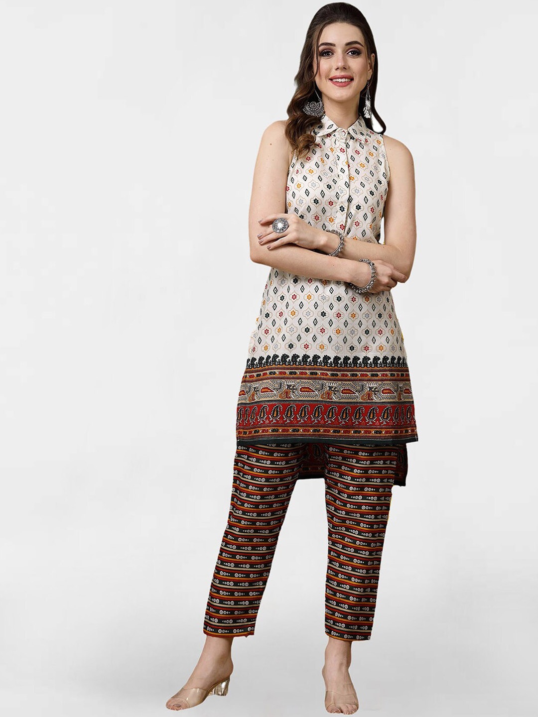 KALINI Ethnic Motifs Printed Shirt Collar High Low Straight Kurta with Trousers, Off white
KALINI Ethnic Motifs Printed Shirt Collar High Low Straight Kurta with Trousers, Off white