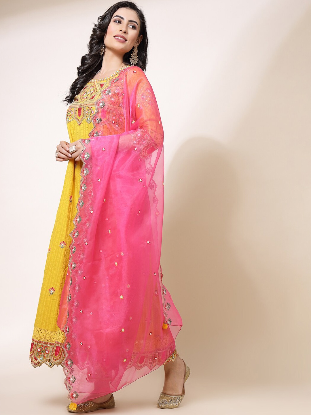 Sangria Floral Embroidered Mirror Work Pure Cotton A-Line Kurta & Palazzo With Dupatta, Yellow
Sangria Floral Embroidered Mirror Work Pure Cotton A-Line Kurta & Palazzo With Dupatta, Yellow