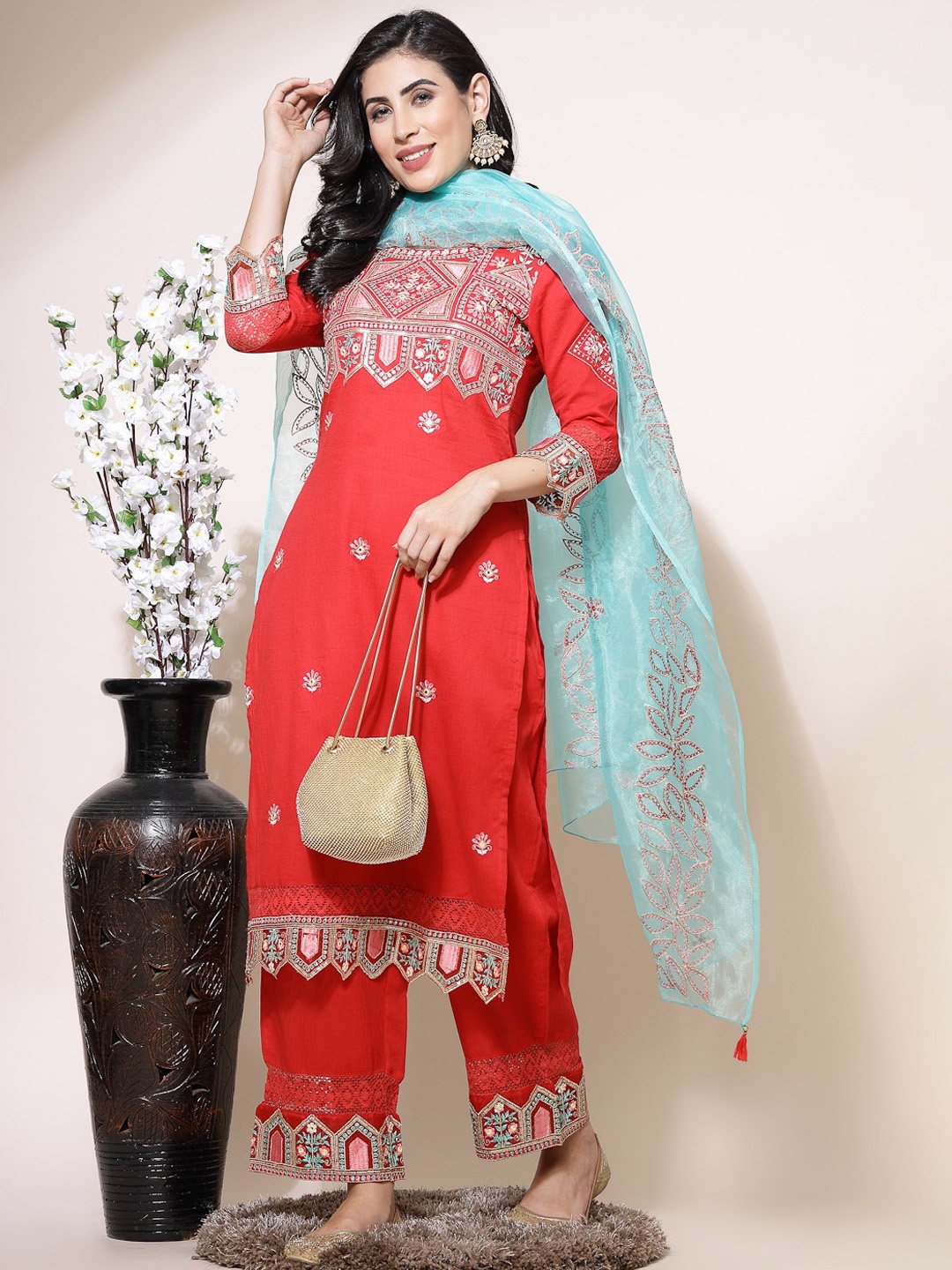 Sangria Floral Embroidered Pure Cotton Straight Kurta & Trousers With Dupatta, Red
Sangria Floral Embroidered Pure Cotton Straight Kurta & Trousers With Dupatta, Red