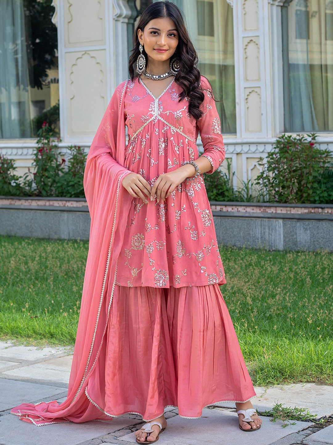 KASYA Floral Printed V-Neck Empire A-Line Gotta Patti Kurta With Sharara & Dupatta, Pink
KASYA Floral Printed V-Neck Empire A-Line Gotta Patti Kurta With Sharara & Dupatta, Pink
