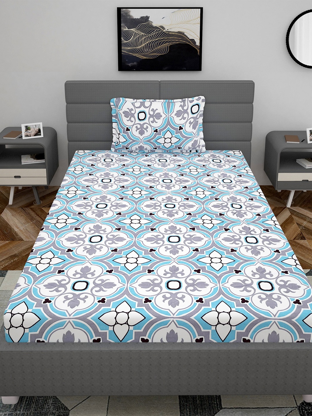 Stylespace by Isha Off White & Blue Ethnic 250 TC Fitted Single Bedsheet & 1 Pillow Cover
Stylespace by Isha Off White & Blue Ethnic 250 TC Fitted Single Bedsheet & 1 Pillow Cover