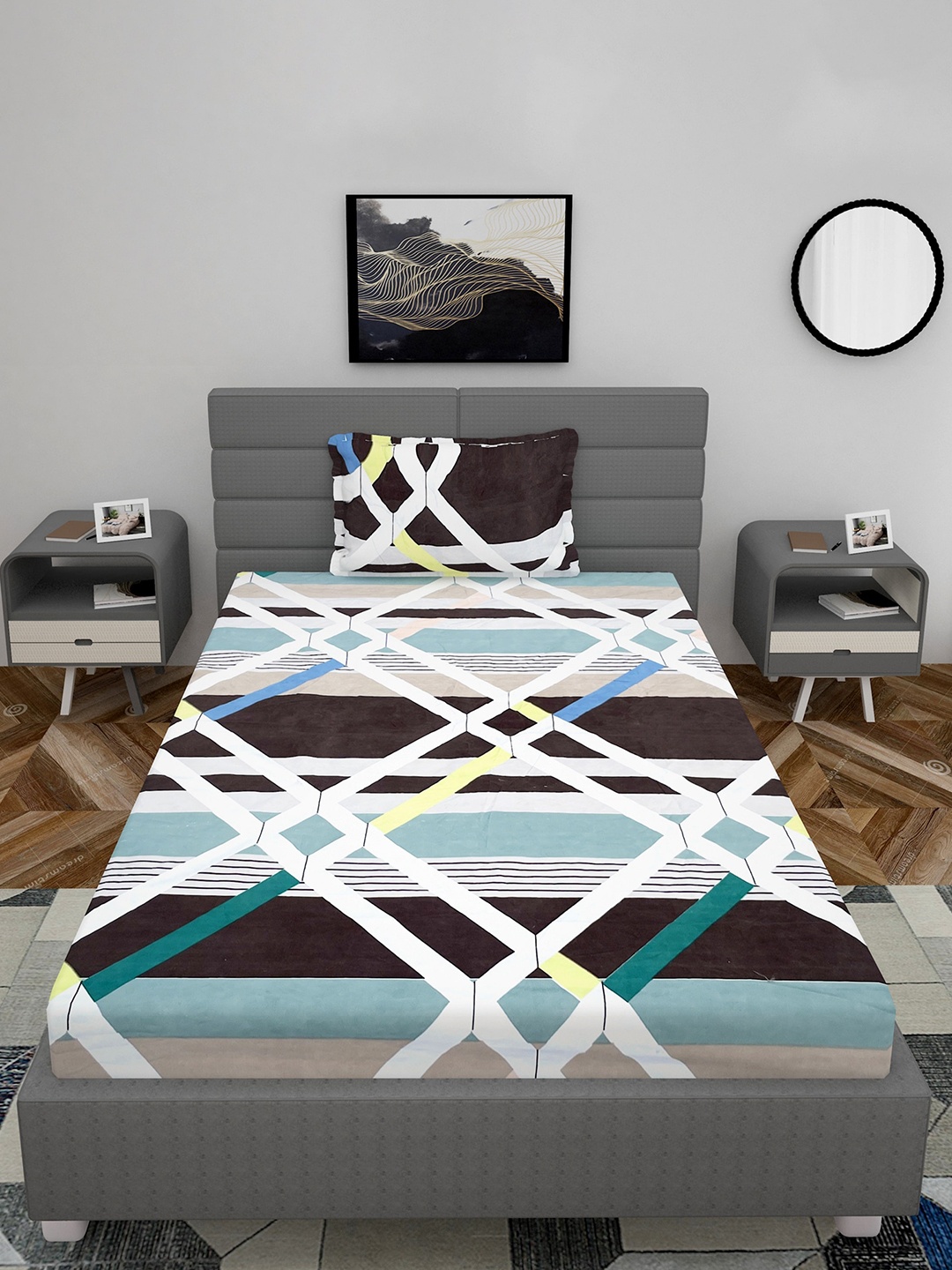 Stylespace by Isha White & Blue Geometric 250 TC Fitted Single Bedsheet & 1 Pillow Cover
Stylespace by Isha White & Blue Geometric 250 TC Fitted Single Bedsheet & 1 Pillow Cover
