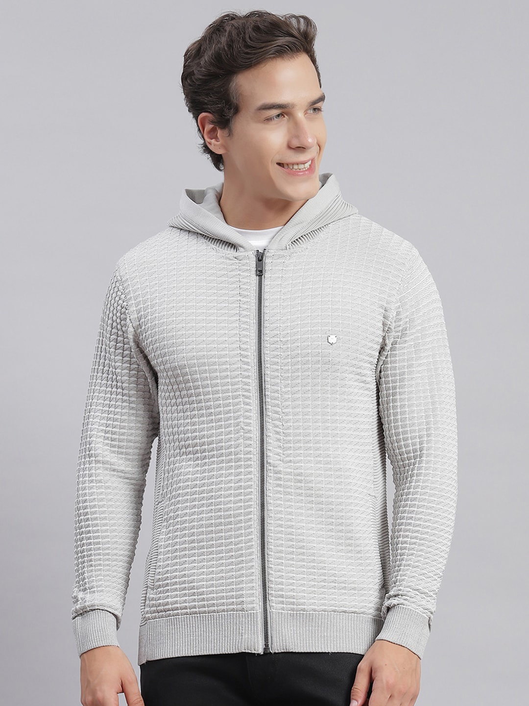 Monte Carlo Geometric Self Design Woollen Cardigan, Grey