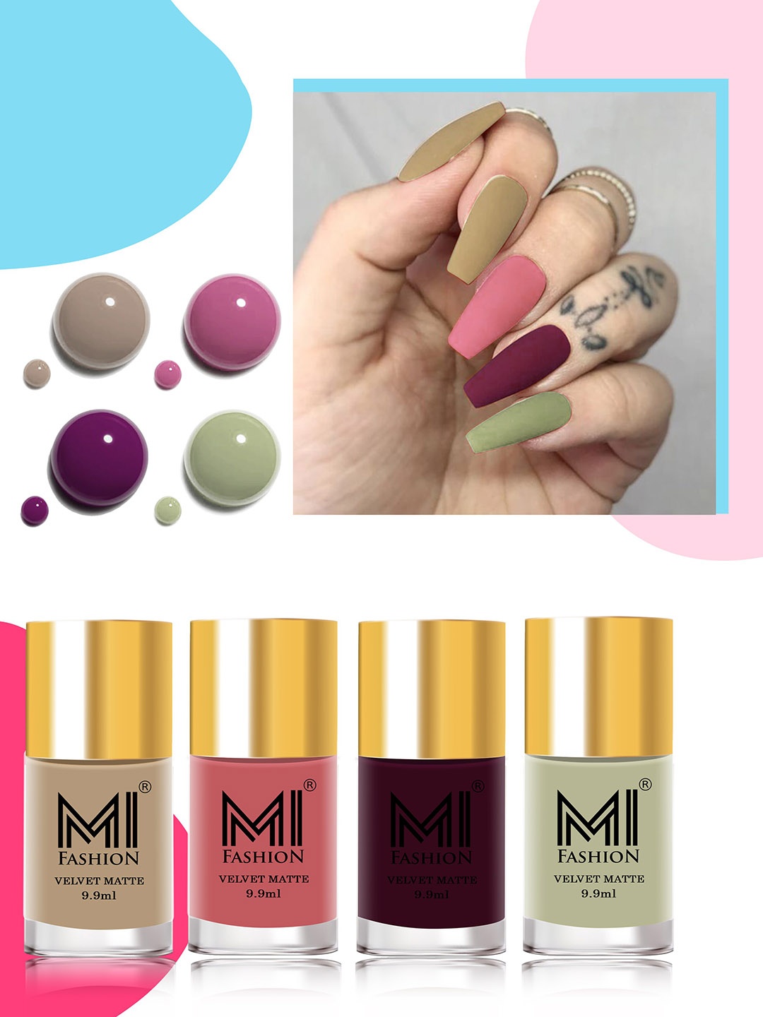 MI FASHION Set of 4 Velvet Matte Water Resistant Smooth Finish Nail Polish - 9.9 ml each, Multi
MI FASHION Set of 4 Velvet Matte Water Resistant Smooth Finish Nail Polish - 9.9 ml each, Multi