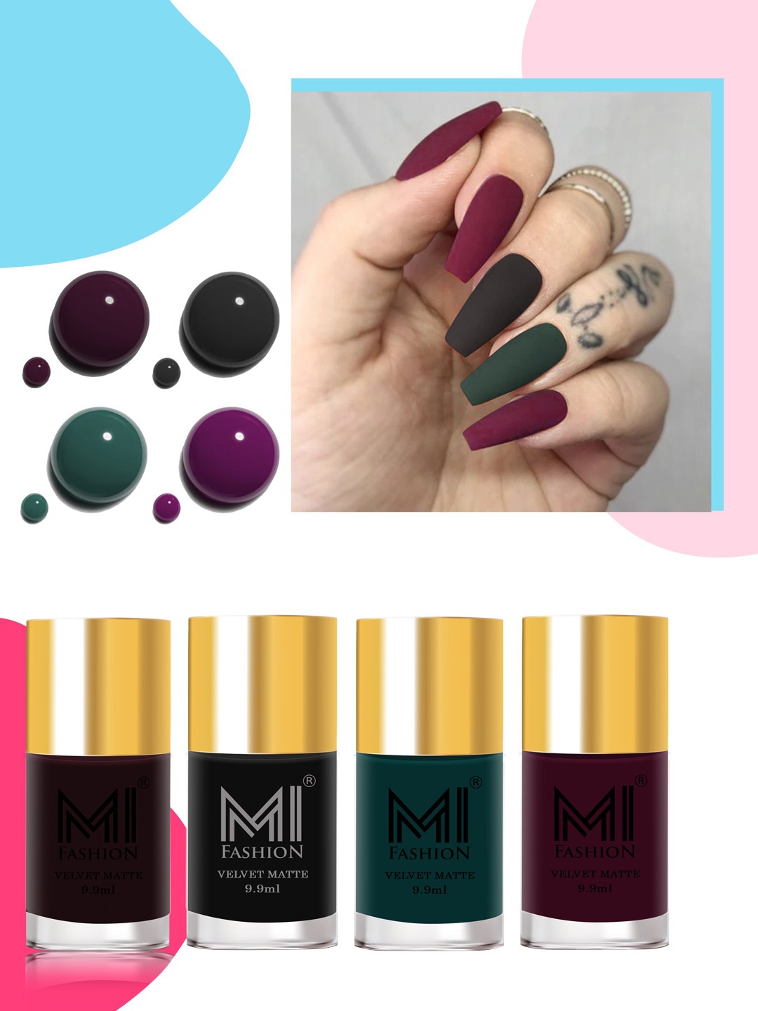 MI FASHION Set of 4 Velvet Matte Water Resistant Smooth Finish Nail Polish - 9.9 ml each, Multi
MI FASHION Set of 4 Velvet Matte Water Resistant Smooth Finish Nail Polish - 9.9 ml each, Multi