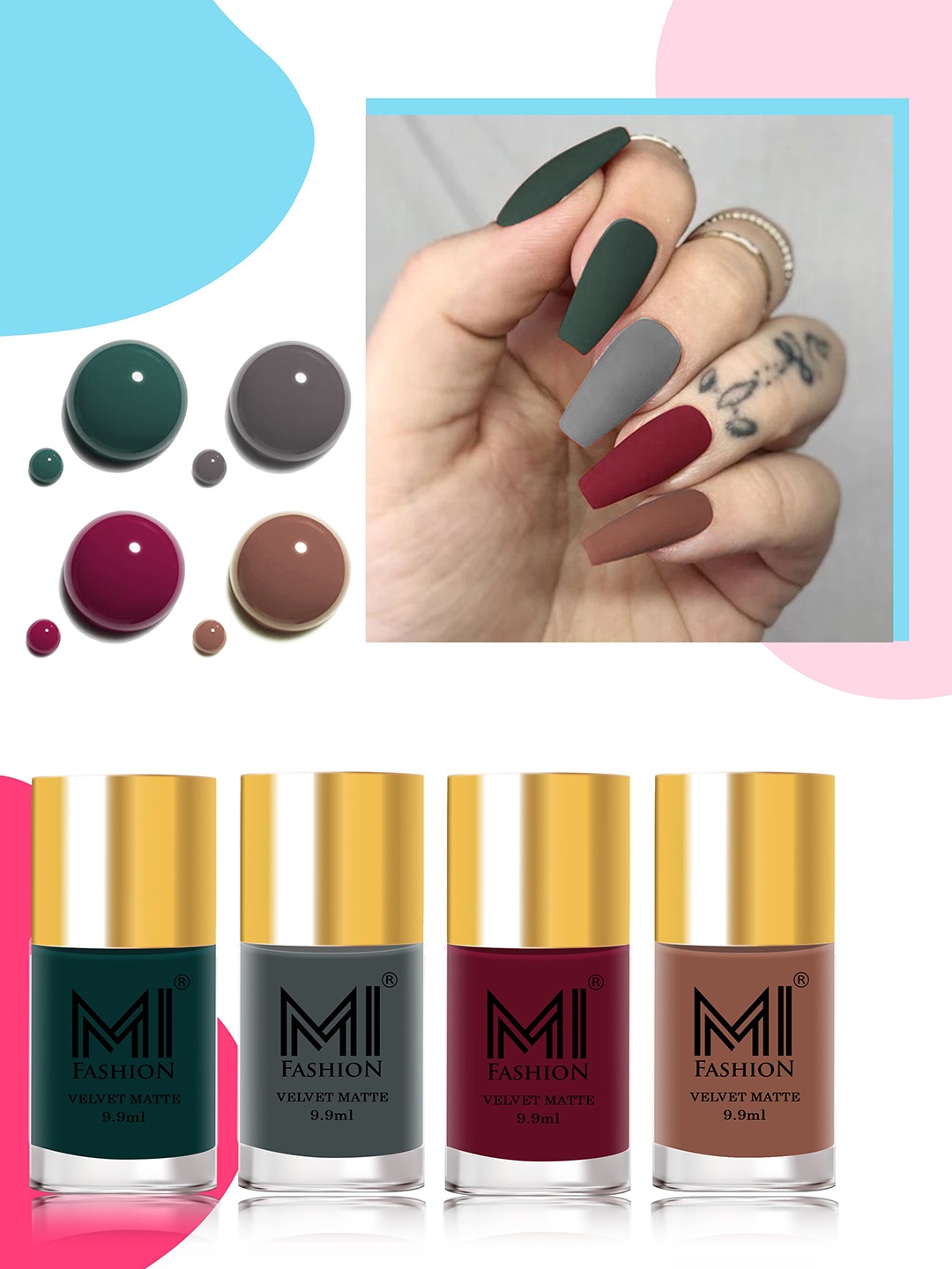 MI FASHION Set of 4 Velvet Matte Water Resistant Smooth Finish Nail Polish - 9.9 ml each, Multi
MI FASHION Set of 4 Velvet Matte Water Resistant Smooth Finish Nail Polish - 9.9 ml each, Multi