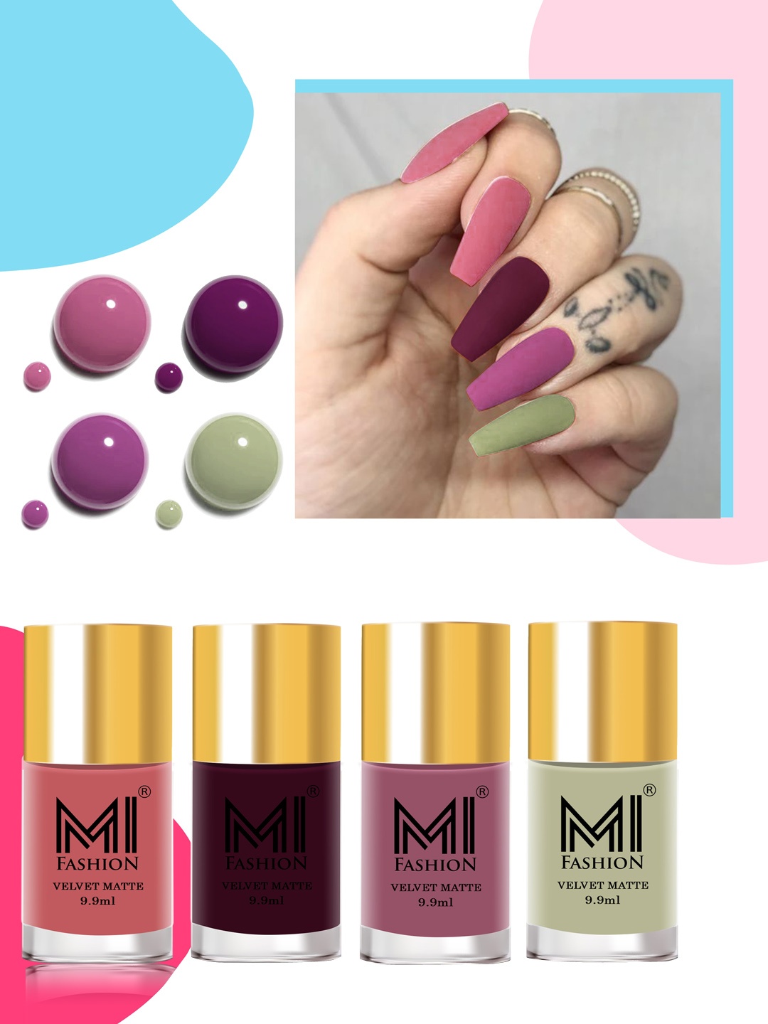 MI FASHION Velvet Matte Set Of 4 Lacquer Nail Polish 9.9ml Each - 35-37-39-40, Purple
MI FASHION Velvet Matte Set Of 4 Lacquer Nail Polish 9.9ml Each - 35-37-39-40, Purple