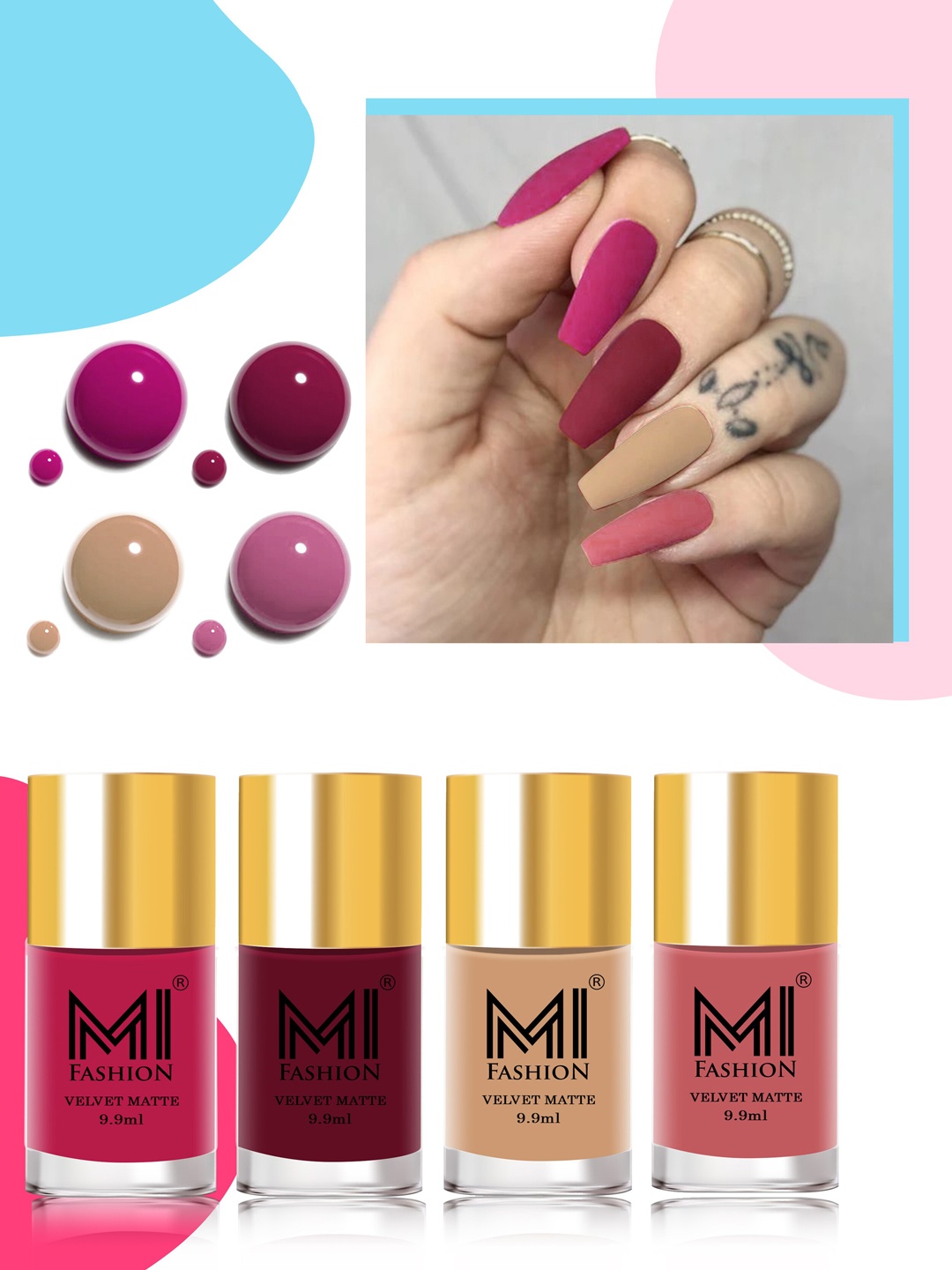 MI FASHION Set Of 4 Velvet Matte Lacquer Nail Polish 9.9ml Each - Shades 24-25-28-35, Nude
MI FASHION Set Of 4 Velvet Matte Lacquer Nail Polish 9.9ml Each - Shades 24-25-28-35, Nude