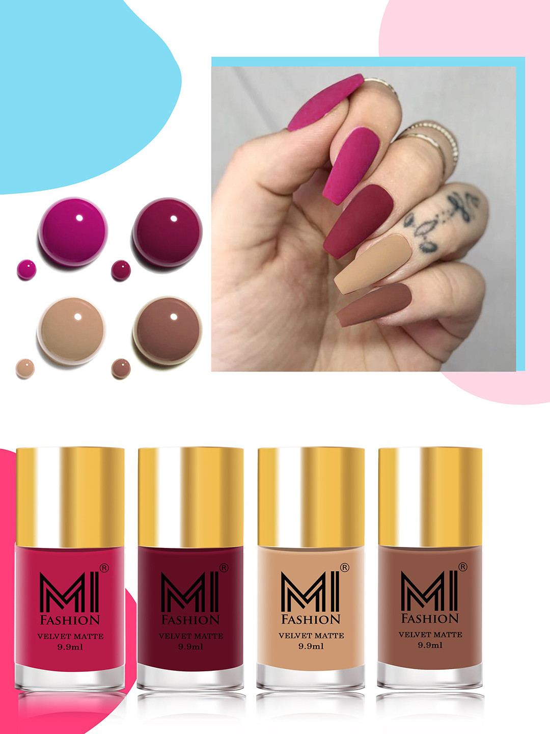 MI FASHION Set Of 4 Velvet Matte Lacquer Nail Polish 9.9ml Each - Shades 24-25-28-36, Brown
MI FASHION Set Of 4 Velvet Matte Lacquer Nail Polish 9.9ml Each - Shades 24-25-28-36, Brown