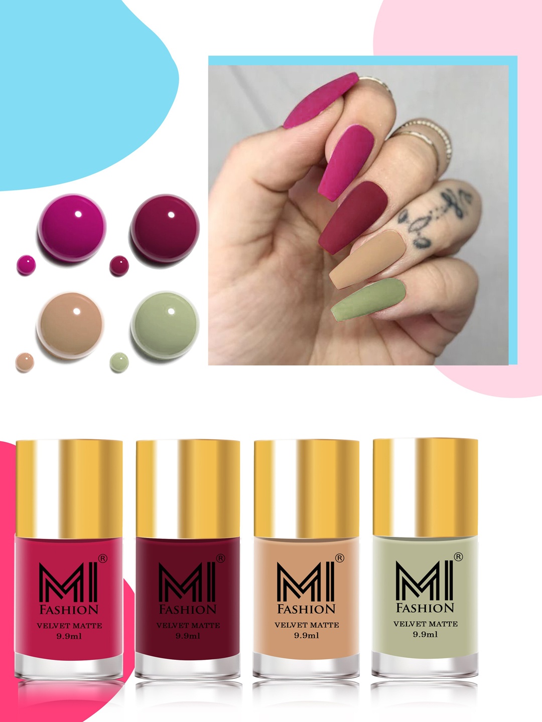 MI FASHION Velvet Matte Set of 4 Nail Polish 9.9 ml Each - Shade 24, 25, 28, 40, Pink
MI FASHION Velvet Matte Set of 4 Nail Polish 9.9 ml Each - Shade 24, 25, 28, 40, Pink