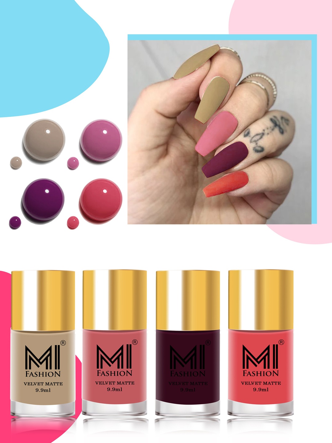 MI FASHION Velvet Matte Set of 4 Nail Polish 9.9 ml Each - Shade 32, 35, 37, 41, Beige
MI FASHION Velvet Matte Set of 4 Nail Polish 9.9 ml Each - Shade 32, 35, 37, 41, Beige