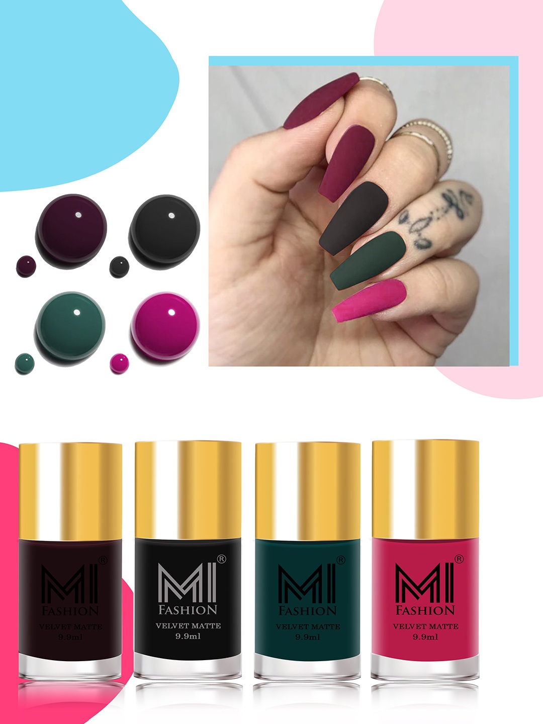 MI FASHION Velvet Matte Set of 4 Nail Polish 9.9 ml Each - Shade 03, 05, 12, 24, Green
MI FASHION Velvet Matte Set of 4 Nail Polish 9.9 ml Each - Shade 03, 05, 12, 24, Green