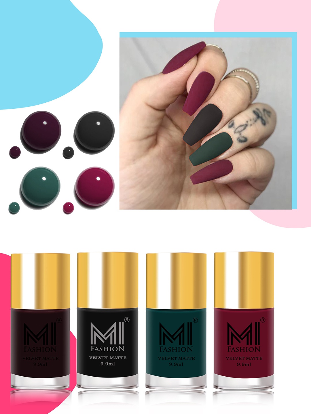MI FASHION Velvet Matte Set of 4 Nail Polish 9.9 ml Each - Shade 03, 05, 12, 25, Black
MI FASHION Velvet Matte Set of 4 Nail Polish 9.9 ml Each - Shade 03, 05, 12, 25, Black