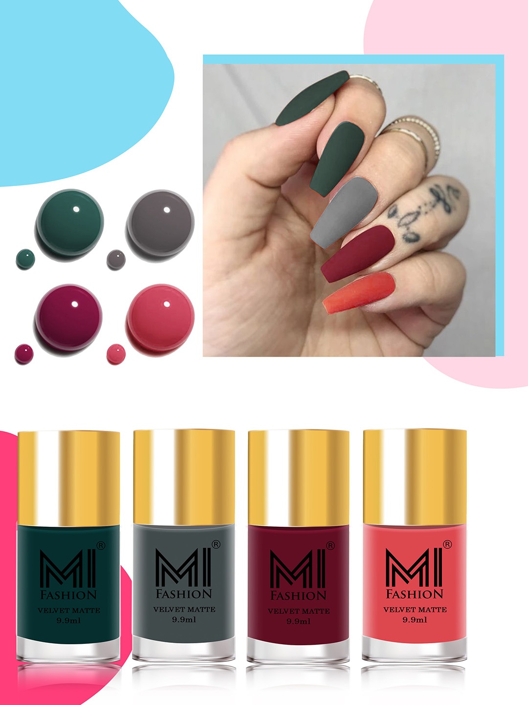 MI FASHION Velvet Matte Set of 4 Nail Polish 9.9 ml Each - Shade 12, 20, 25, 41, Green
MI FASHION Velvet Matte Set of 4 Nail Polish 9.9 ml Each - Shade 12, 20, 25, 41, Green