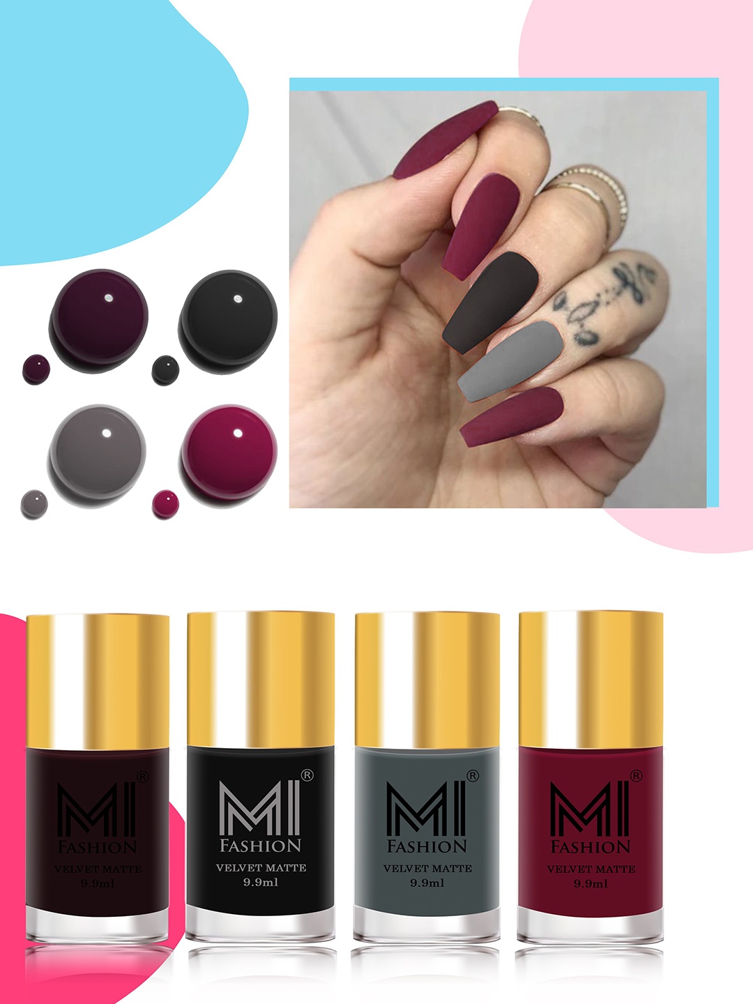 MI FASHION Set Of 4 Velvet Matte Lacquer Nail Polish 9.9ml Each - Shades 03-05-20-25, Black
MI FASHION Set Of 4 Velvet Matte Lacquer Nail Polish 9.9ml Each - Shades 03-05-20-25, Black