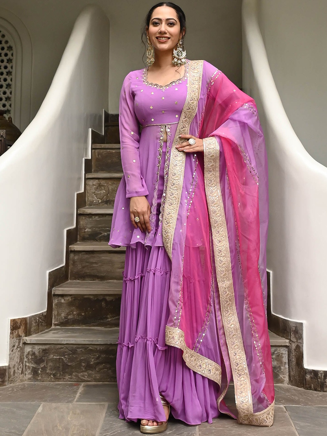 Urbanstree Embroidered Regular Sequinned Kurta with Sharara & With Dupatta, Lavender
Urbanstree Embroidered Regular Sequinned Kurta with Sharara & With Dupatta, Lavender