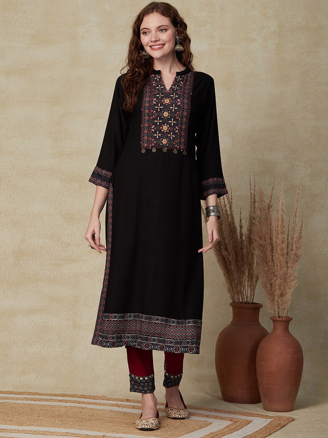 FASHOR Yoke Design Mandarin Collar Beads and Stones Straight Kurta with Trousers, Black
FASHOR Yoke Design Mandarin Collar Beads and Stones Straight Kurta with Trousers, Black