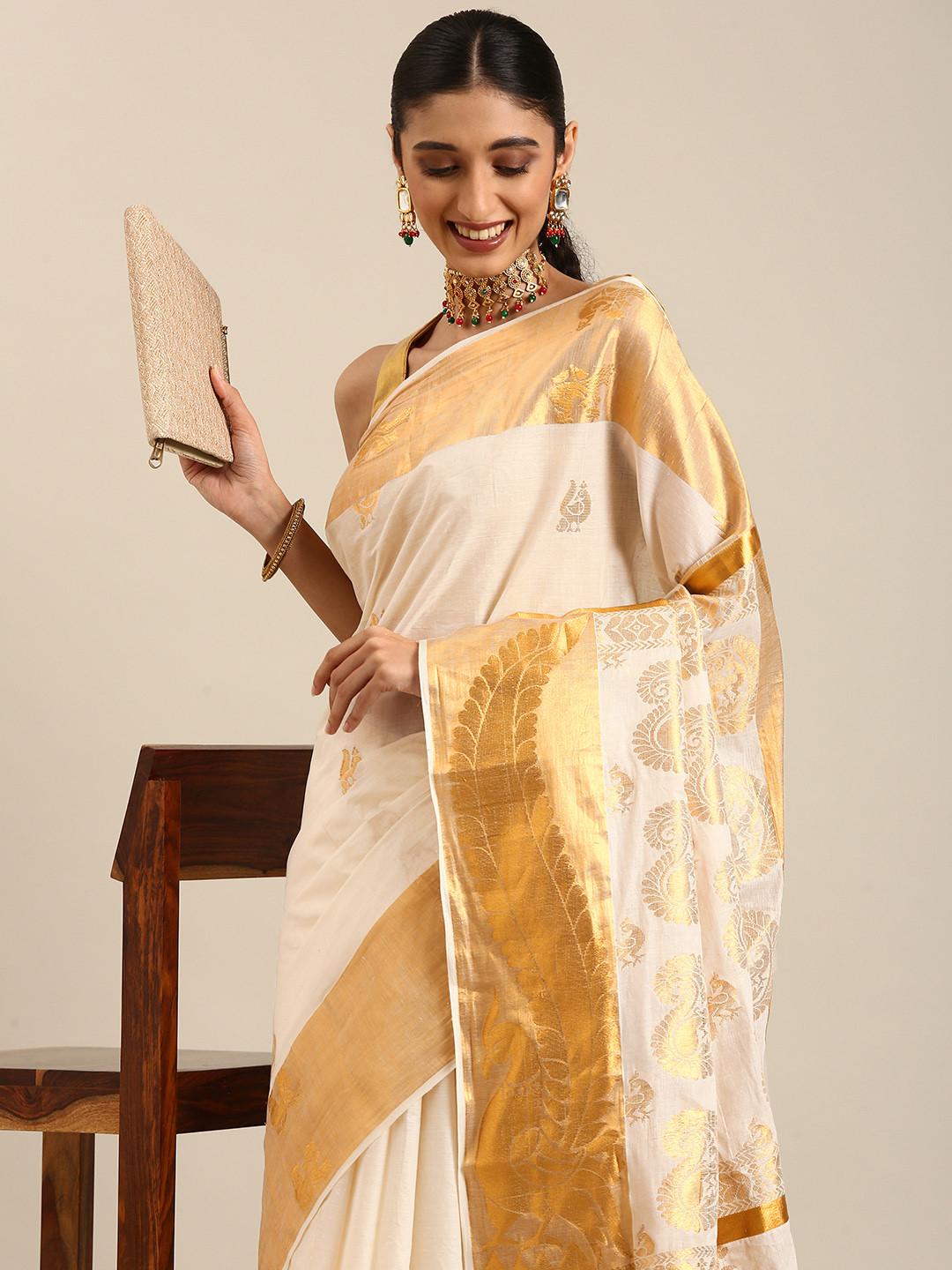 Thara Sarees Ethnic Motifs Zari Pure Cotton Kasavu Saree, Off white
Thara Sarees Ethnic Motifs Zari Pure Cotton Kasavu Saree, Off white