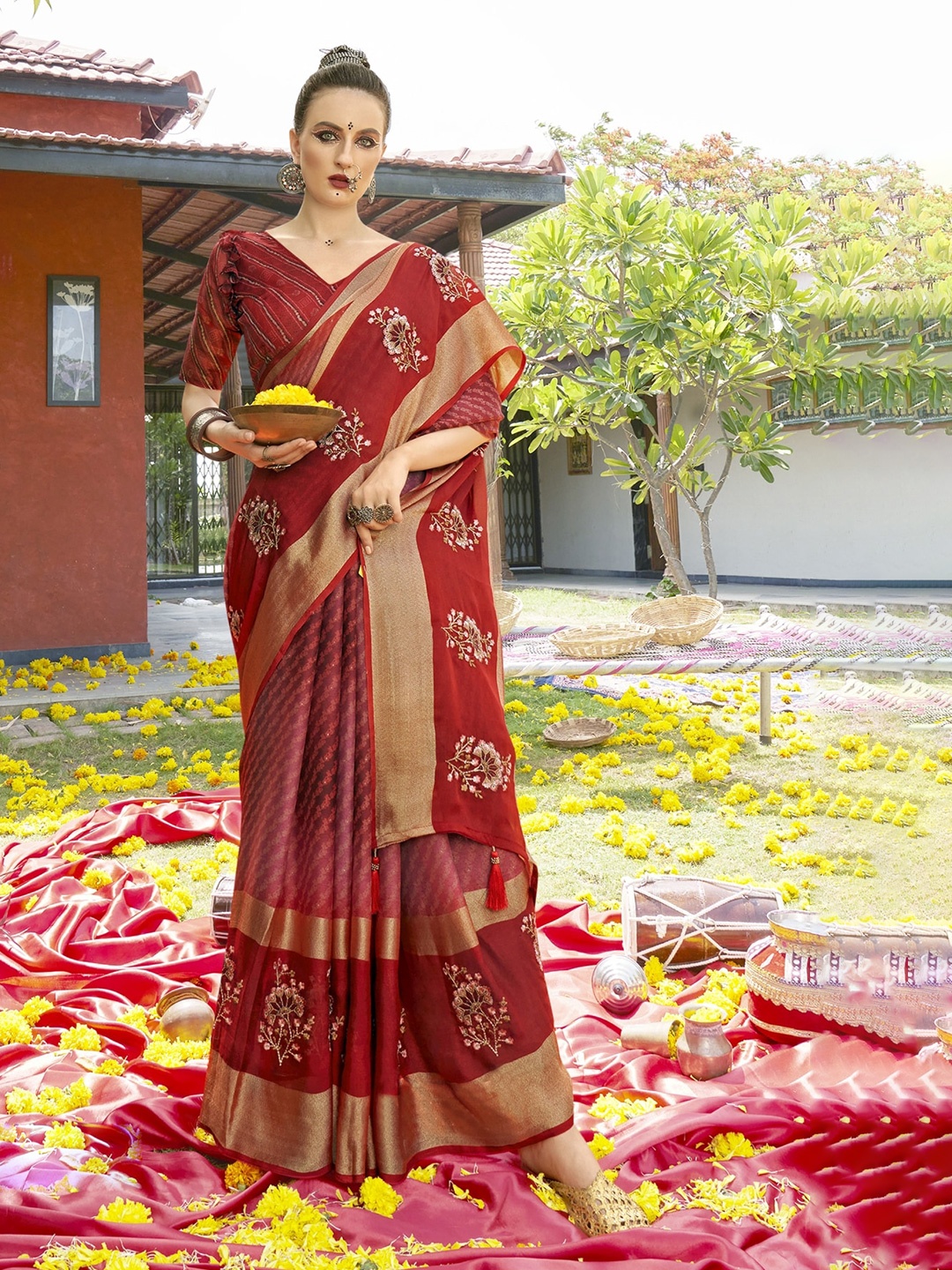 KALINI Ethnic Motifs Printed Embroidered Pure Chiffon Saree, Red