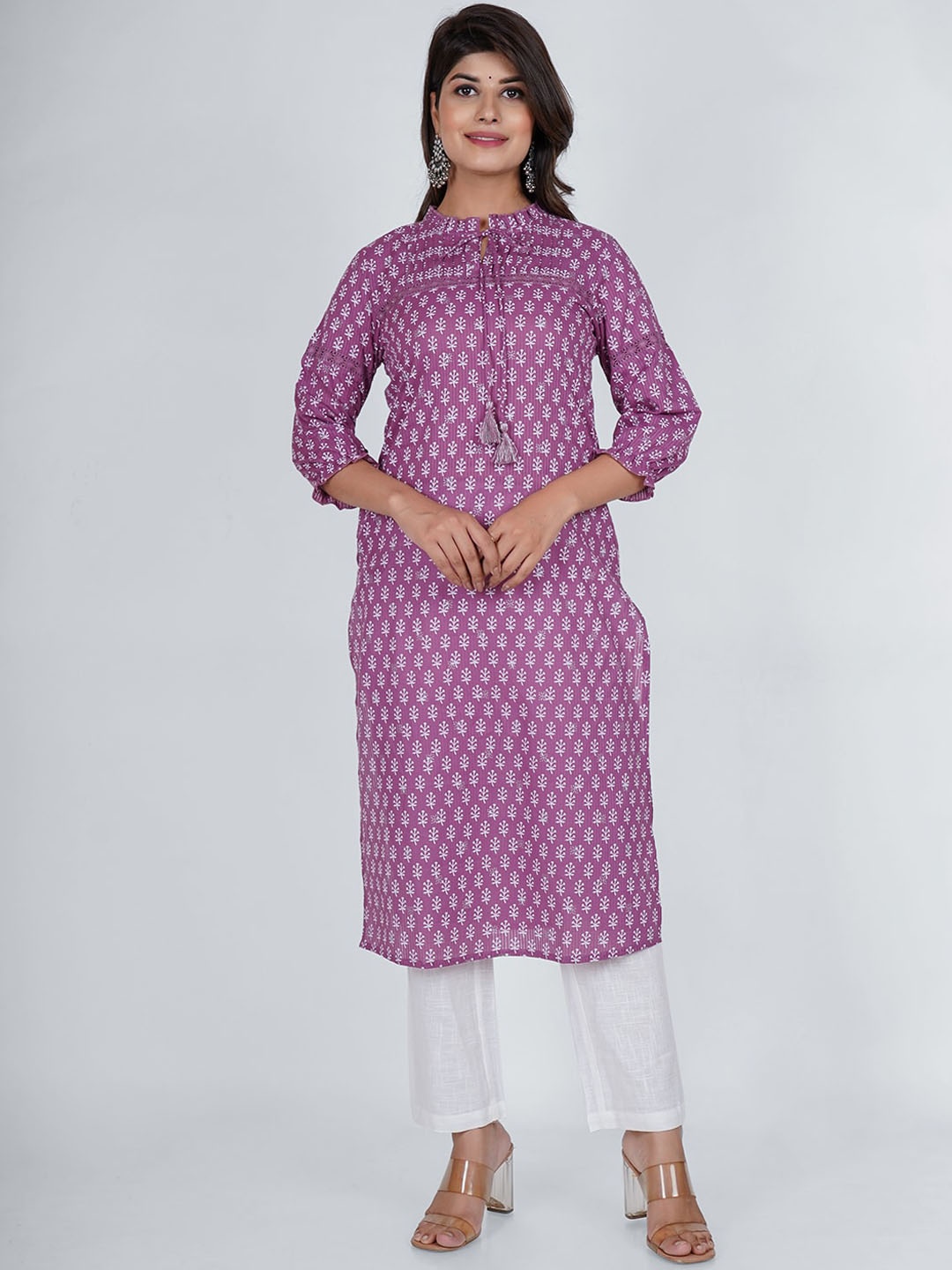 PUKHYA Ethnic Motifs Printed Tie-Up Sleeves Cotton Kurta, Purple