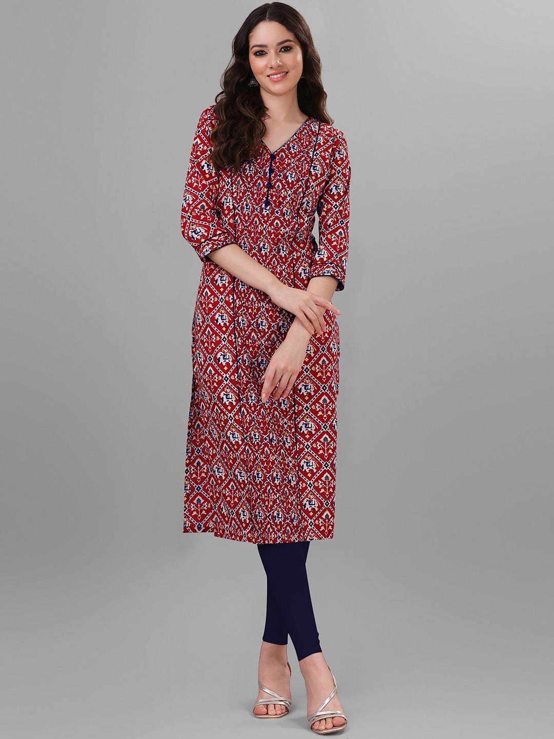 WEAVLLITE Geometric Printed V-Neck Block Print Pure Cotton Straight Kurta, Red
WEAVLLITE Geometric Printed V-Neck Block Print Pure Cotton Straight Kurta, Red