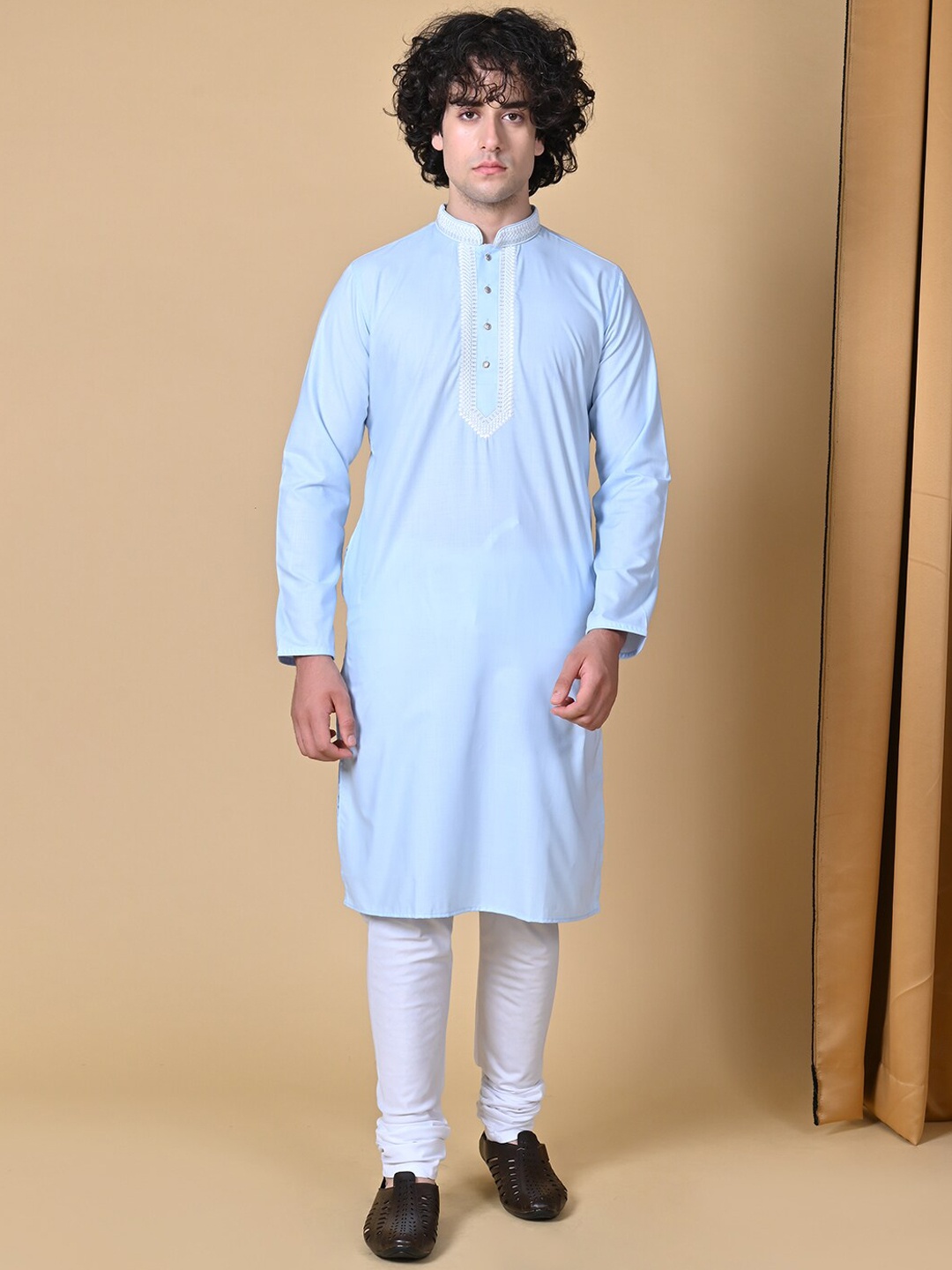 MAAHI FABS Mandarin Collar Regular Thread Work Kurta With Churidar, Blue