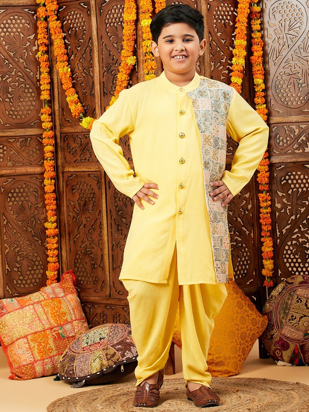 Stylo Bug Boys Floral Printed Mandarin Collar Kurta With Dhoti Pants, Yellow
Stylo Bug Boys Floral Printed Mandarin Collar Kurta With Dhoti Pants, Yellow