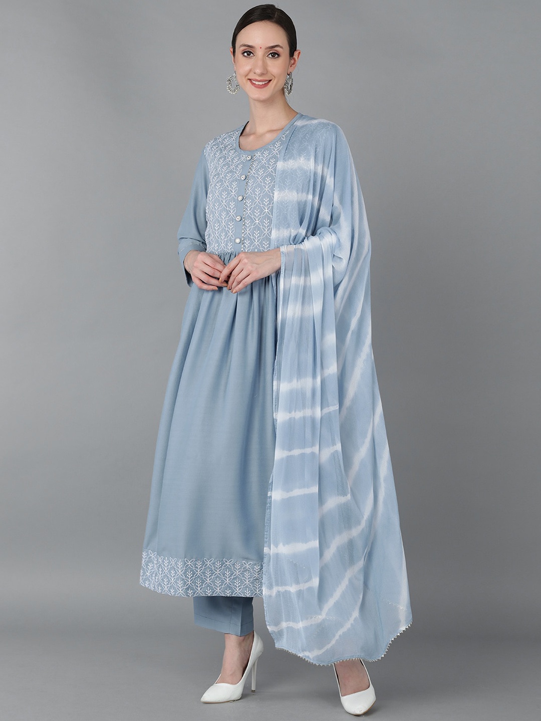 AHIKA Floral Yoke Design Empire Thread Work Anarkali Kurta With Trousers & Dupatta, Blue
AHIKA Floral Yoke Design Empire Thread Work Anarkali Kurta With Trousers & Dupatta, Blue