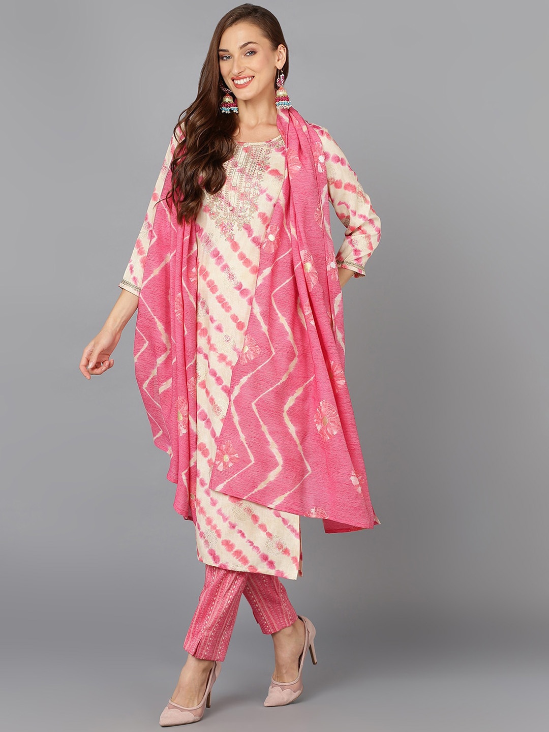 AHIKA Cream-Coloured & Pink Tie & Dye Dyed Zari Sequined Kurta with Trousers & Dupatta
AHIKA Cream-Coloured & Pink Tie & Dye Dyed Zari Sequined Kurta with Trousers & Dupatta